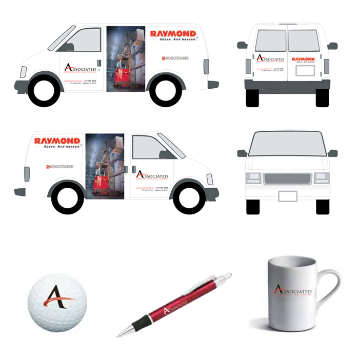 Associate branded van, golf ball, pen and mug
