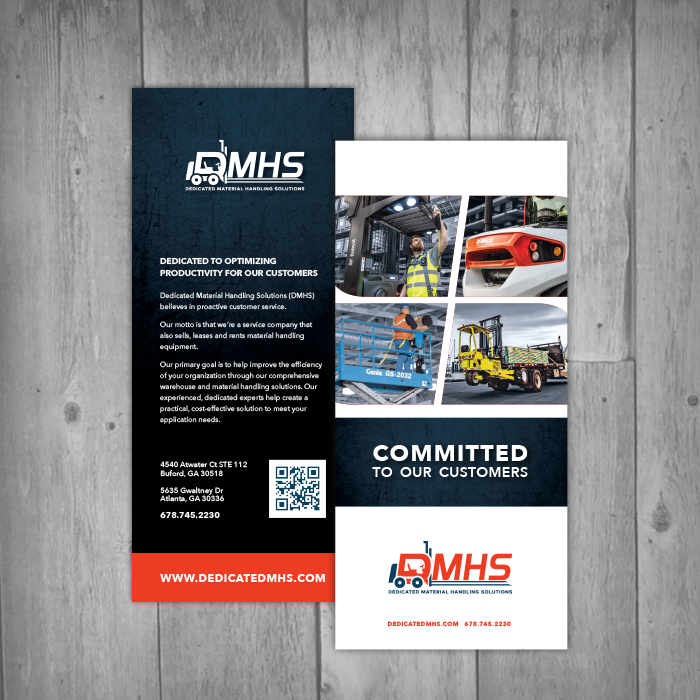 Material handling trifold brochure partially open